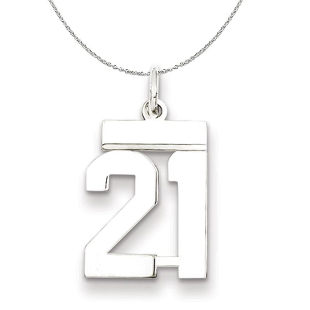Silver, Athletic Collection, Small Polished Number 21 Necklace - 16 In